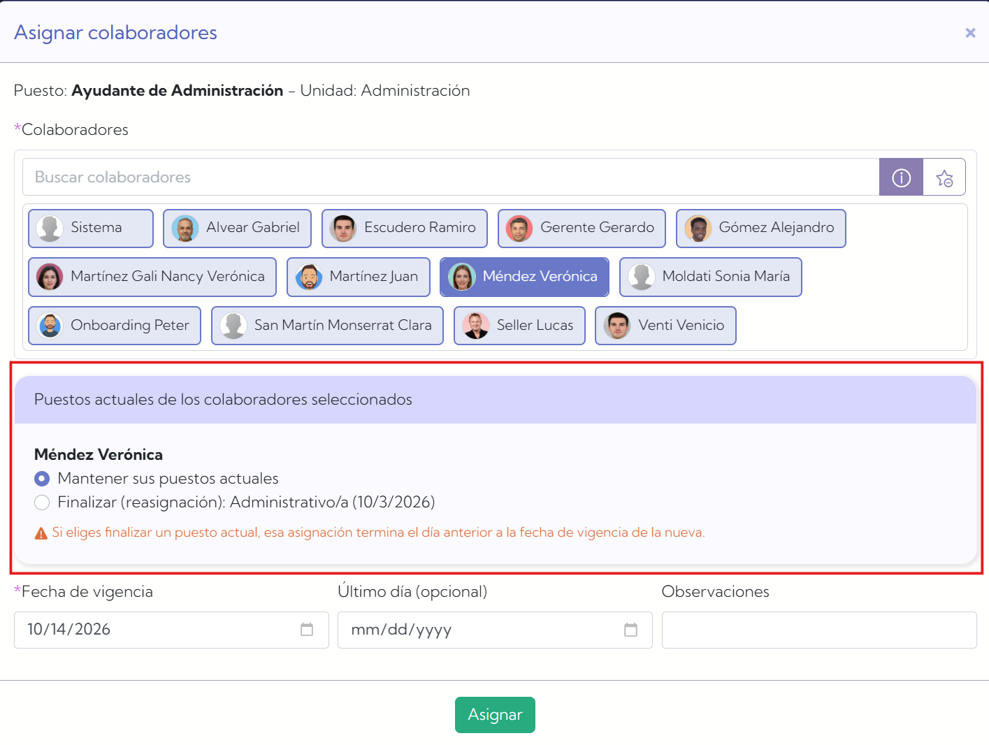 Reasignación de puestos